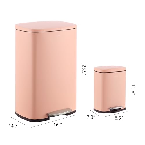 happimess Connor 2-Piece Iron Trash Can, Flamingo Pink | 13.2 And 1.3 Gallons, Rectangular, Soft-Close Lid, Step Pedal, 20 Liners, 26" And 12" Height - color: Flamingo Pink