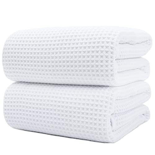 POLYTE 430 GSM Poly Blend Microfiber Waffle Bath Sheet XL Set, 35x70 in | 2 Pack, Oversize, Lint Free, Quick Dry - color: White, size: 35 x 70 in