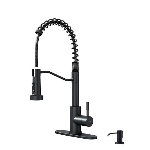 AIMADI Black Kitchen Faucet with Soap Dispenser and Pull Down Sprayer | Matte Black,Lead-Free,Single Handle,Stainless Steel,360° Swivel,for Farmhouse,Camper, RV,Laundry,Bar Sink - color: Matte Black