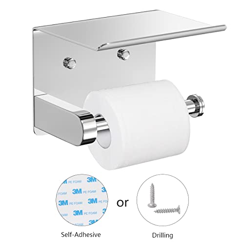 VAEHOLD Self Adhesive Toilet Paper Holder with Phone Shelf Stainless Steel Wall Mounted Toilet Paper Roll Holder - Bathroom Washroom Tissue Roll Holder with Storage Shelf - Bright Surface - color: Bright Surface
