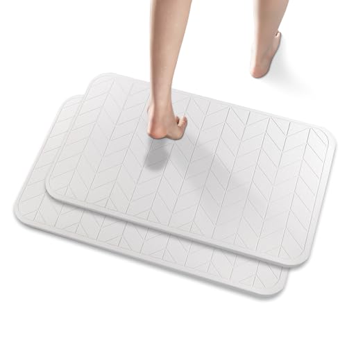 JUERLEN 2 Pack Diatomaceous Earth Shower Mat, Stone Bath Mat, Nonslip Super Absorbent Fast-Drying Hard Bath Mat for Bathroom Shower Floor, 24 x 16 inch, White Arrow Design - color: White