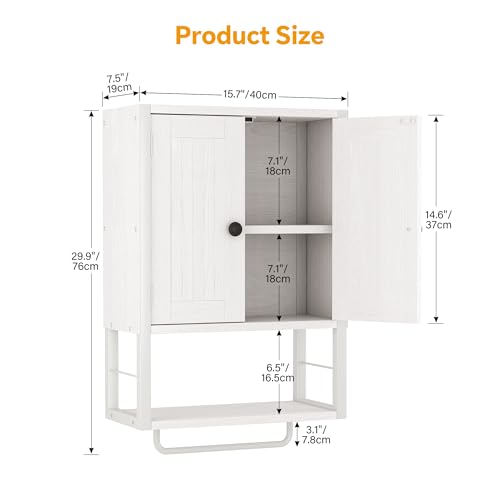 Homeiju Rustic Wall Mounted Medicine Cabinet, White Wood Storage Cabinet with Two Barn Doors, Shelf and Towel Bar for Bathroom, Living Room, Kitchen, White - size: 29.9'' H