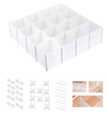 Adjustable Plastic Drawer Separators, 15 PCS Dividers + 25 Connectors, 14.96" Length x 4.33" Height, Cuttable Storage Organizer for Socks, Garments, Kitchen Tools, Bedroom & Bathroom Drawers - size: 14.96inch