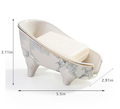 5.5" Self Draining Mini Bathtub Soap Dish, Ceramic Bar Soap Holder with Drain, Marble Pattern Decorative Soap Saver for Shower, Bathroom & Kitchen Sink, Keep Soap Dry, Easy to Clean