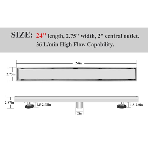 Linear Shower Drain 24 Inch, Brushed Floor Drain with Removable SUS304 Stainless Steel CUPC Certificate and 2-in-1 Tile Insert Grate Cover - color: Brushed, size: 24inch