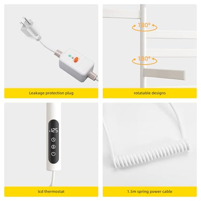 Swivel Heated Towel Rack with Shelf,Rotating Electric Towel Warmer Rack Wall Mounted with Timer,Heated Towel Warmer for Bathroom with Swing Arm,5 Bars,Plug in & Hardwired,White - color: White