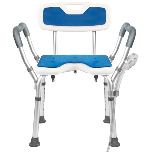 Shower Chair with Arms and Back Heavy Duty 330lbs, Shower Chair for Inside Shower, Shower Seat for Inside Shower Bathroom Chair with Cutout Seat & Cold-Proof Pads, Tools-Free Assembly - color: Blue Pad-large