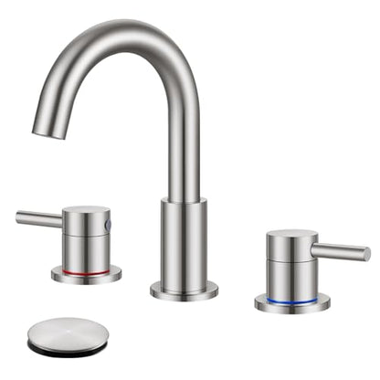 FGKQ 3-Hole 2-Handle Widespread Bathroom Sink Faucet, Brushed Nickel | Stainless steel, pop-up drain included, 360°swivel spout, for vanity sink 3-hole mount, 8-in widespread - color: 1-Brushed Nickel