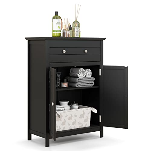 COSTWAY Bathroom Floor Cabinet, Wooden Side Storage Organizer w/Larger Drawer, Adjustable Shelf & 2-Door Cupboard, Freestanding Storage Cabinet for Living Room, Kitchen, Entryway (Black) | Larger Drawer, Adjustable Shelf & 2-Door Cupboard, Freestanding St