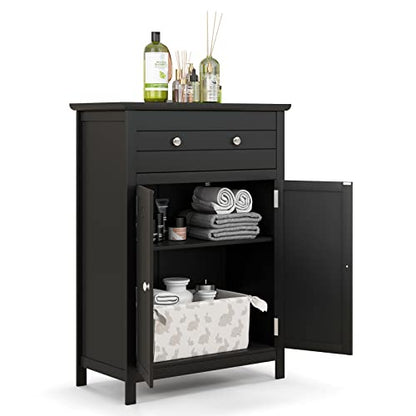 COSTWAY Bathroom Floor Cabinet, Wooden Side Storage Organizer w/Larger Drawer, Adjustable Shelf & 2-Door Cupboard, Freestanding Storage Cabinet for Living Room, Kitchen, Entryway (Black) | Larger Drawer, Adjustable Shelf & 2-Door Cupboard, Freestanding St