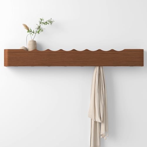 Coat Rack Wall Mount with Hidden Hooks, Wall Hooks with Shelf, Wall Key Holder Mount Wooden Shelf Entryway Hooks for Bedroom Bathroom for Hanging Coats Hats Bags Towels (Walnut Wave-Shape, 8 Hooks) - color: Walnut Wave-Shape, size: 8 Hooks