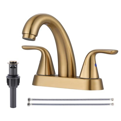 Brushed Gold Bathroom Sink Faucet, 4 Inch Centerset Bathroom Faucet | ALEASHA 2 Handles Vanity Faucet with Pop Up Drain Stopper, RV Lavatory Vanity Faucets with Aesthetic Appeal - color: Gold