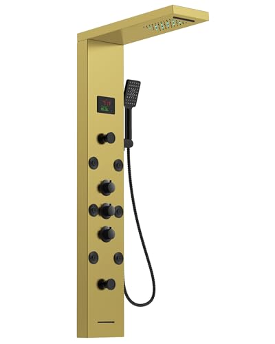 Homevacious Polished Gold 5 In 1 Shower Panel Tower System Stainless Steel | LED Rain Waterfall Shower Head and Adjustable Massage Body Jets 3 Settings Handheld Head and Tub Spout Bathroom Panel - color: Polished Gold