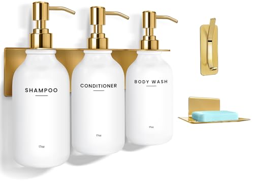 Shampoo and Conditioner Dispenser Wall Mounted Set with Soap Dish and Hook | Soap Dispenser Set of 3. Refillable Bottles with Pumps, Drill Free Adhesive Bathroom Organizer, Dorm Room Essentials, Gold