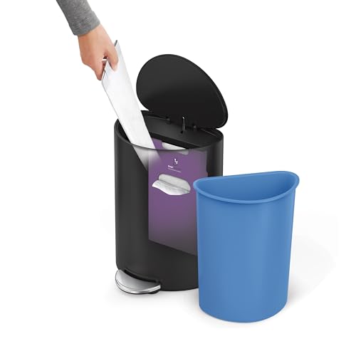 simplehuman Semi-Round Step Can, 6L / 1.6 Gallon Bathroom Trash Can, Liner Pocket®, Sleek Internal Hinge, 150,000-Step Pedal, Lid Shox® Silent Close, Matte Black Steel - color: Matte Black