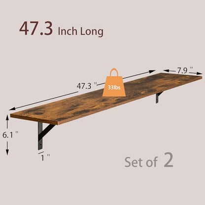 Long Wall Shelves, 47.3Inch Wooden Floating Shelves with Brackets | Large Floating Book Shelf Set of 2, Wall Mounted Storage Ledges, Easy Assembly, Max Load 33lbs, Bathroom/Bedroom Rustic Brown - color: Rustic Brown, size: 47.3 Inch