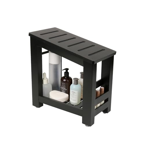 Bamboo Shower Foot Rest Stool for Shaving Legs & Pedicure, Non-Slip Bathroom Foot Step with Storage Pocket, Solid & Water-Resistant,Natural (Black) - color: Black