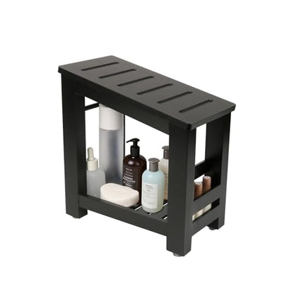 Bamboo Shower Foot Rest Stool for Shaving Legs & Pedicure, Non-Slip Bathroom Foot Step with Storage Pocket, Solid & Water-Resistant,Natural (Black) - color: Black