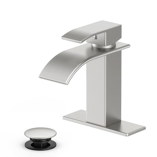 Waterfall Bathroom Faucet,Brushed Nickel Stainless Steel, 1-Handle | Modern Bathroom Sink Faucet for RV & Outdoor Basins, Pop-Up Drain, Supply Lines, 6-in Deck Plate, 1- or 3-Hole, NSF Certified - color: Brushed Nickel