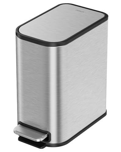 Cesun Small Bathroom Trash Can with Lid Soft Close & Pedal, 1.3 Gal, Silver | Removable Inner Bucket, Slim Stainless Steel Garbage Can for Bedroom/Office, Included 5 Trash Bags, Hidden Bag, Built to Last - color: Silver