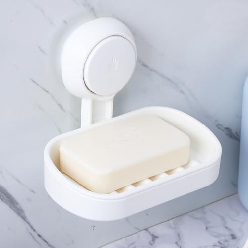Toyvian Suction Cup Soap Dish Self-draining Wall Mount Soap Holder White Bathroom Shower Bar with Double Layer Drainage for Shower and Sink