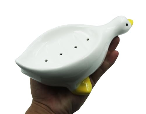 Duck Ceramic Soap Dish with Drain, 7.87 Inch Cute Duck Shaped Soap Tray, Sponge Holder, for Shower,Bathroom,Bar,Kitchen - color: Duck Soap Dish