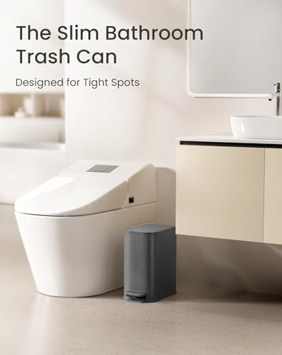 Cesun Small Bathroom Trash Can with Lid Soft Close & Pedal, 1.3 Gal, Gray | Removable Inner Bucket, Slim Stainless Steel Garbage Can for Bedroom/Office, Included 5 Trash Bags, Hidden Bag, Built to Last - color: Gray