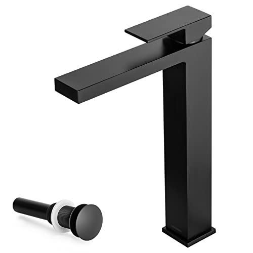 Matte Black Vessel Sink Faucet, Tall Single Handle Bathroom Faucet Single Hole Bowl Sink Faucet Lavatory Vanity Faucet with Pop up Drain Assembly, BF307-MB-T - color: Black (Tall)