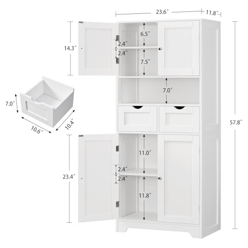 57.8" H Tall Bathroom Storage Cabinet with 4 Doors & 2 Adjustable Shelves, Freestanding Bathroom Cabinet with 2 Drawers, Kitchen Cabinets & Pantry, Cupboard for Kitchen, Dining Room, White - color: White 2 Drawers