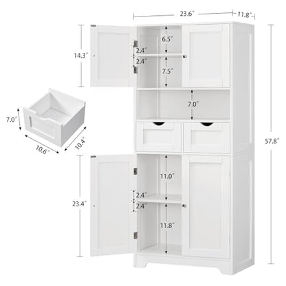 57.8" H Tall Bathroom Storage Cabinet with 4 Doors & 2 Adjustable Shelves, Freestanding Bathroom Cabinet with 2 Drawers, Kitchen Cabinets & Pantry, Cupboard for Kitchen, Dining Room, White - color: White 2 Drawers