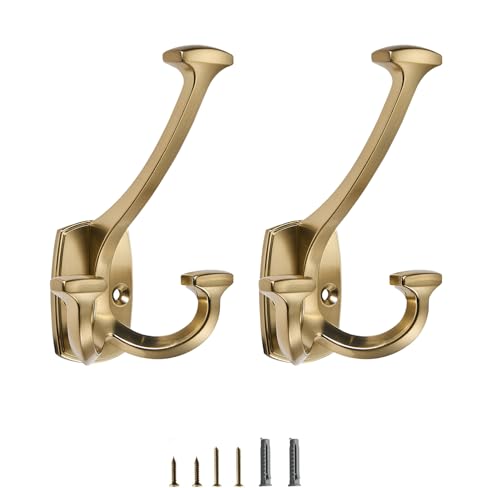 Champagne Bronze Hooks Large Wall Mounted Decorative Solid Heavy-Duty Double-Sided Coat Hooks Triple Coat Hook Towels Coats Robes Towels Bag Bathroom Three Prong Coat Hook (2 Pack) - color: Champagne Bronze
