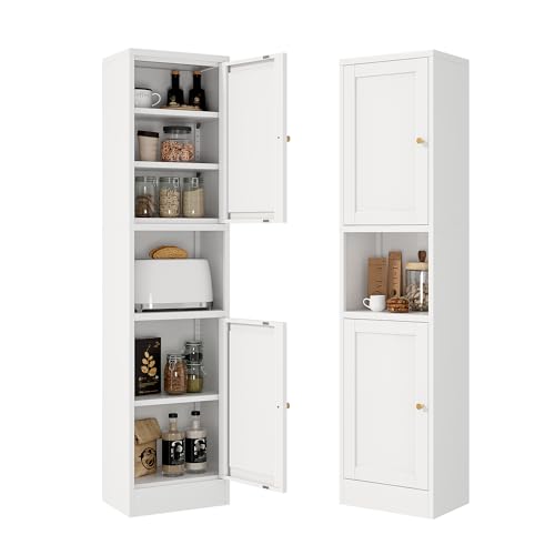 Bevivog Tall Slim Pantry Cabinet for Small Space, 67" Metal Narrow Storage Cabinets with Hutch and 3 Adjustable Shelves, Freestanding Tall Slim Bathroom Storage Cabinet, 15.7" Skinny Pantry Cabinets - color: White, size: 67"H-2 door