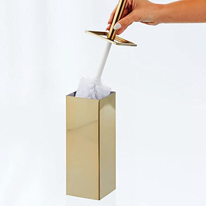 mDesign Steel Square Modern Toilet Bowl Brush and Holder for Bathroom Storage and Organization, Compact Free-Standing Design, Covered Brush - Sturdy, Deep Cleaning - Citi Collection - Soft Brass - color: Soft Brass