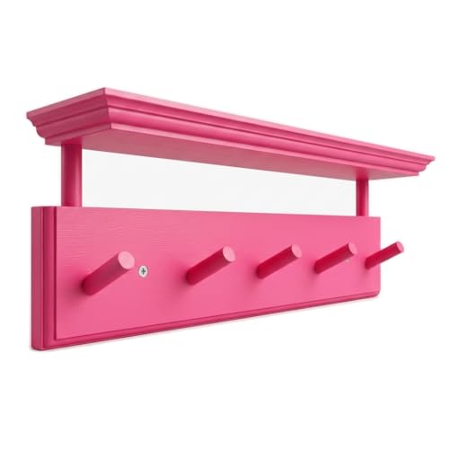 Matías Coat Rack Wall Mount with Shelf, 18 Inch Solid Wood Peg Rail, Wall Mounted Coat Rack with 5 Hooks, Wall Mount Shelf for Entryway, Bathroom or Bedroom (Pink) - color: Pink