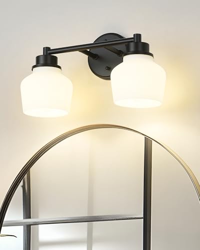 Emak 2-Light Vanity Light, Modern Farmhouse Black Bathroom Fixture Over Mirror With Milk Glass Shade, VL122-BK-ML-2 - color: Black & White Glass, size: 2 Light