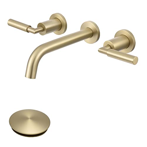 RBROHANT Gold Wall Mount Faucet with Pop up Drain Set for Sink Without Overflow, Brushed Gold Dual Handle Wall Mounted Bathroom Sink Faucet, Brass Rough-in Valve Included, RB0736D - color: Brushed Gold, style: Lever Handle Faucet with Drain