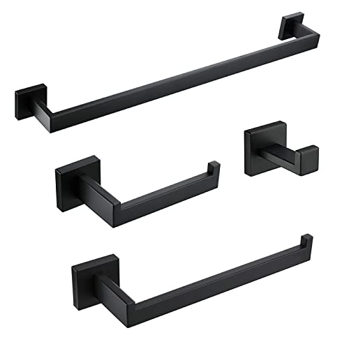 BAGNOLUX Matte Black Bathroom Accessories Set 4 Pieces, Bathroom Towel Holder Set Stainless Steel, Black Towel Bar Towel Racks for Bathroom Wall Mounted, Square Bathroom Hardware Set Heavy Duty - color: Matte Black