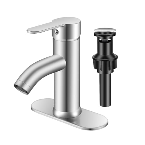Bathroom Faucet 1 Hole, Brushed Nickel Vanity Faucet,Single Handle | for 1 Hole or 3 Hole Bathroom Sink, RV, Vanity,with Deck and Pop-up Drain Easy to Clean - color: Brushed Nickel
