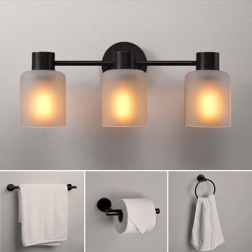 Globe Electric 4-Piece All-in-One Bathroom Set, Matte Black, 3-Light Vanity Light with Frosted Glass Shades, Towel Bar, Toilet Paper Holder, Towel Ring - color: Matte Black, Frosted Glass, 3-Light