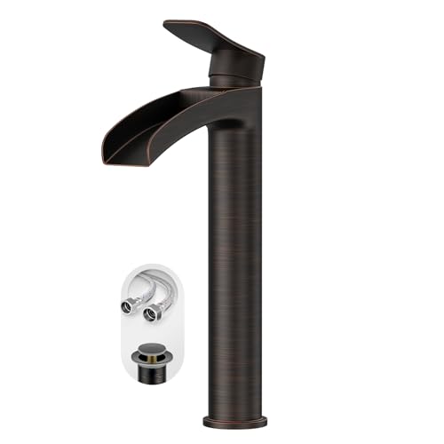 Phiestina Tall Bathroom Vessel Sink Faucet, Single Hole Single Handle Waterfall Oil Rubbed Bronze Above Countertop Sink Bathroom Faucet, with Metal Pop Up Drain and Water Supply Lines, NS-SF01-ORB-V - color: Oil Rubbed Bronze, style: 1 pack