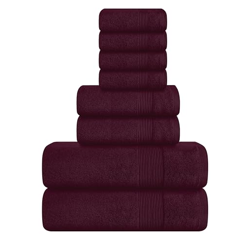 8 Piece Towel Set 100% Ring Spun Cotton, 2 Bath Towels 27x54, 2 Hand Towels 16x28 and 4 Washcloths 13x13 - Ultra Soft Highly Absorbent Machine Washable Hotel Spa Quality - Burgundy - color: Burgundy, size: 8 Piece Towel Set