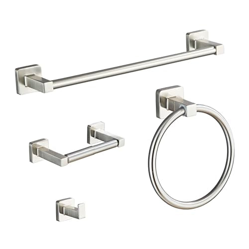 Brushed Nickel Bathroom Hardware Set 4 Pieces,Towel Bar Set Stainless Steel Wall Mounted, Includes 16In Hand Towel Bar, Towel Ring, Robe Towel Hooks,Toilet Paper Holder, Bathroom Towel Rack Set… - color: Brushed Nickel, size: 16Inch