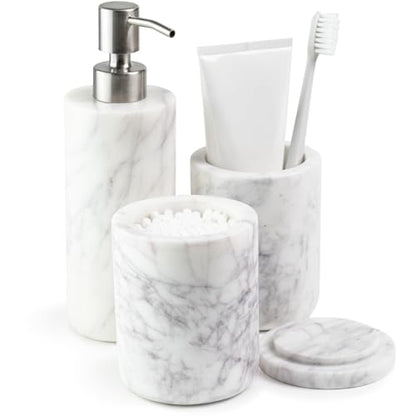 Cork & Mill Marble Bathroom Accessories Set, White Vanity Decor | Solid Natural Stone Soap Dispenser, Toothbrush Holder and Lidded Canister for Qtips, Countertop Set of 3