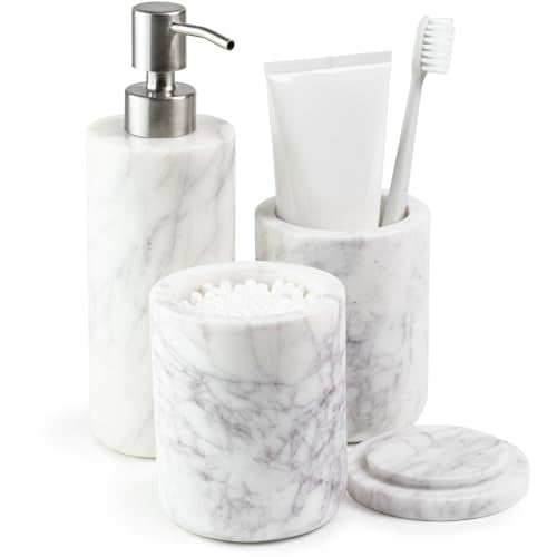 Cork & Mill Marble Bathroom Accessories Set, White Vanity Decor | Solid Natural Stone Soap Dispenser, Toothbrush Holder and Lidded Canister for Qtips, Countertop Set of 3