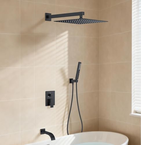 Shower System with Tub Spout, Wall Mounted Bathtub Shower Faucet Set, 12" Rainfall Shower Head and Handheld Shower Combo, High Pressure Shower Fixtures Set with Rough-in Valve, Matte Black - color: Matte Black, style: 12" Wall Mounted Shower System with T