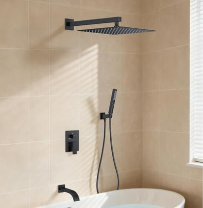 Shower System with Tub Spout, Wall Mounted Bathtub Shower Faucet Set, 12" Rainfall Shower Head and Handheld Shower Combo, High Pressure Shower Fixtures Set with Rough-in Valve, Matte Black - color: Matte Black, style: 12" Wall Mounted Shower System with T