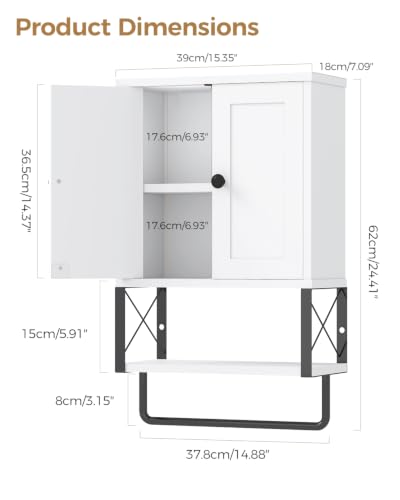 Bathroom Wall Cabinet, White Medicine Cabinet with Towel Rack | 2 Doors & Adjustable Shelves 2 Hooks, above toilet storage cabinet, for Bathroom Laundry Room, Living, Kitchen UXYYG024W