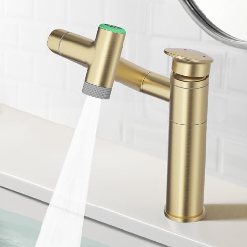 Bathroom Faucet 1 Hole with Temperature Display, Brushed Gold | Batteries-Free, 1080° Rotatable Single Hole Bathroom Faucet, Single Handle Bathroom Vanity Faucets, 2 Spray Modes - color: Brushed Gold