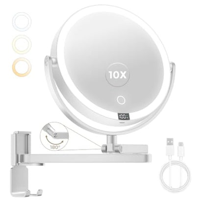 Brightown 8" Wall Mounted Lighted Makeup Mirror with LED Magnifying 1X/10X | 4000mAh Rechargeable Double Sided Dimmable Vanity Mirror, Extended Arm 360 Rotation, 3 Color Lights & Digital Display, Silver - color: Sliver