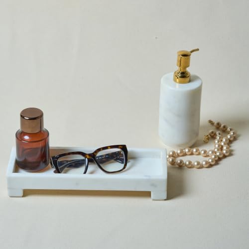 Banswara White Marble Vanity Tray - 11×4 Inch | Marble Tray for Bathroom, Perfume, Jewellery & Dressing | Trinket Tray, Bathroom Tray for Toiletries | Anti-Slip | Handmade in India